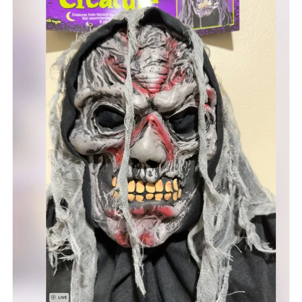 Scary Skeleton Zombie Mask Hood Long Gray Hair Halloween Adult Horror Costume